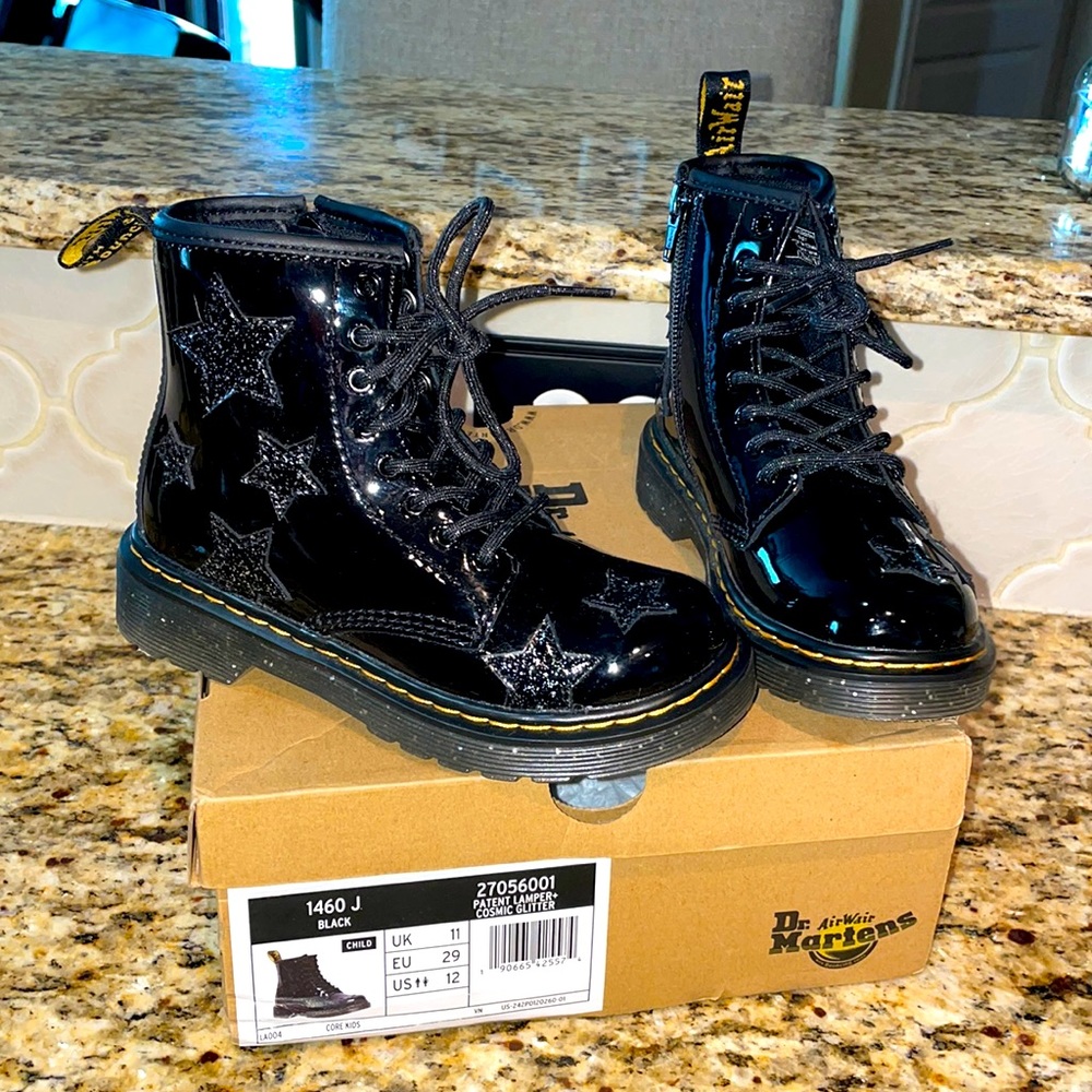 Dr. Martens Patent Black Star cosmic glitter boots
